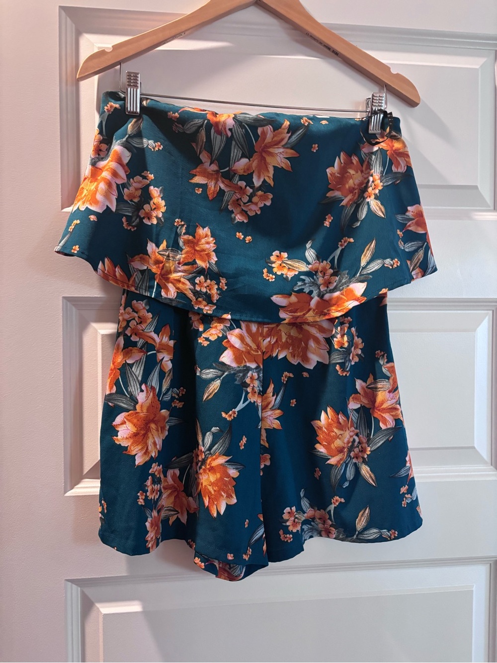 Teal Floral strapless Romper with Orange Blooms
